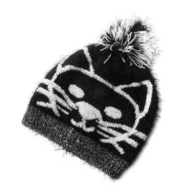 's Girl's Fuzzy Cat Face Knit Beanie Hat Black & White  NWT  eb-02610107
